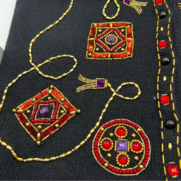 Vintage Claudia D Christmas Sweater Vest Black Embellished Beaded Size Medium - Picture 7 of 8
